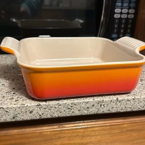 Le Crueset baking dish in flame